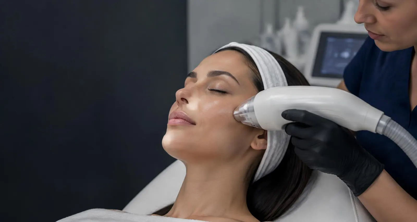 A clinician carefully performing a facial laser treatment