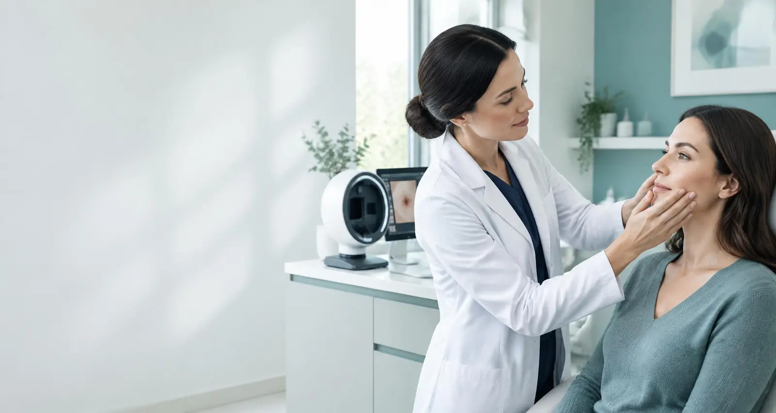 A dermatologist assessing a patient’s skin in a modern clinic