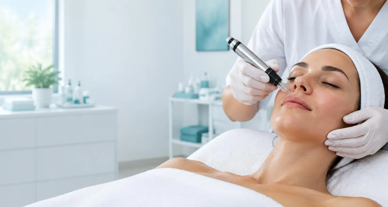 A clinician performing a facial microneedling treatment